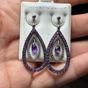 💜 NWT .925 Sterling Silver Genuine Amethyst & White Sapphire Drop Earrings!